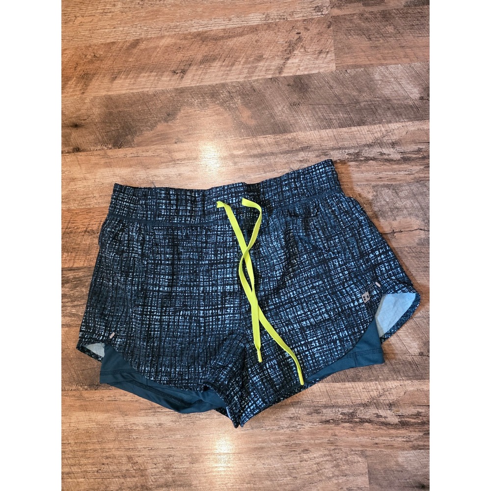 Hind Womens 2-in-1 Running Shorts Grid Pattern Neon Drawstring Size M